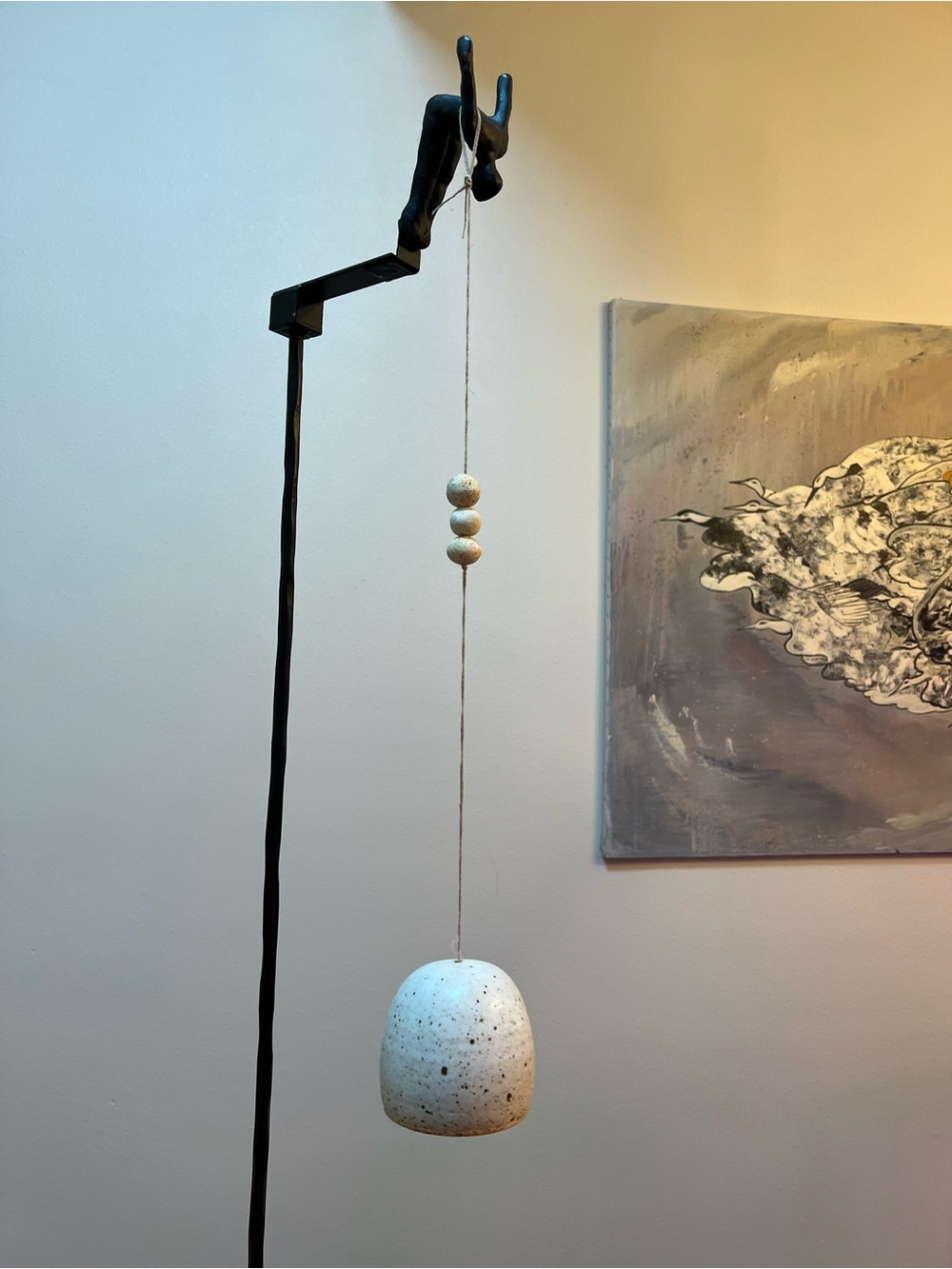 Katherine Moes Speckled White Hanging Ceramic Bell with Natural Rope